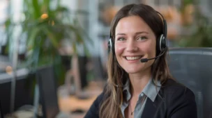 Frau mit Headset, die lächelt.