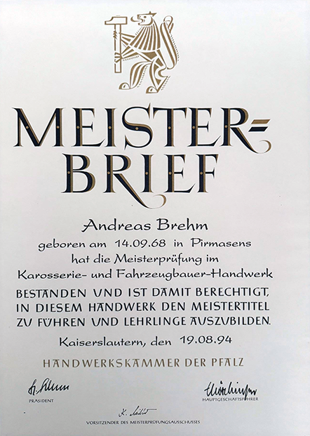 Meisterbrief Andreas Brehm