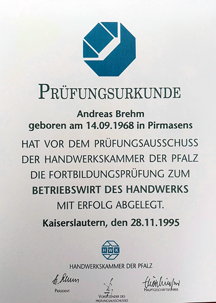 Prüfungsurkunde Andreas Brehm